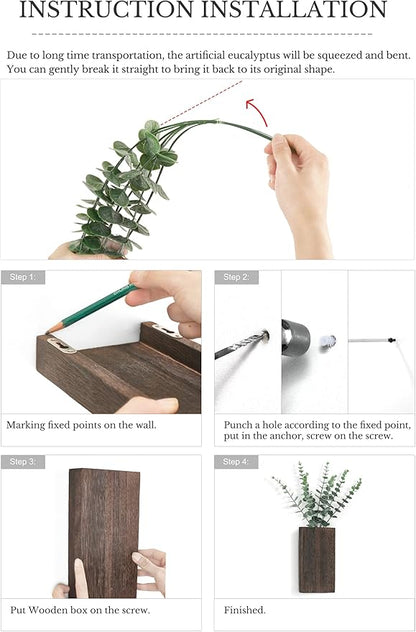 Dahey 2 Pack Wood Wall Planter Vase with Artificial Eucalyptus Farmhouse Wall Hanging Decor Pocket Planter for Indoor Fake Plants Greenery, Living Room Bedroom Kitchen Home Office Decoration