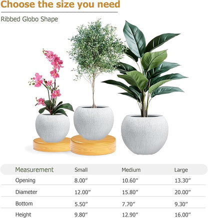 12.8" H x 16" D Ribbed Globo Fiberstone Round Planter with Drainage Hole, Weather Resistant for Indoor and Outdoor Use, Included 2 Extra Coco Mats (Speckled White, 10.7" Pot Opening)