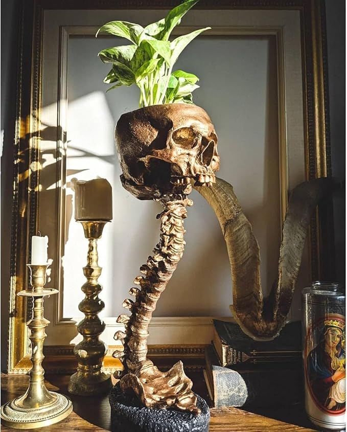Skull Planter Gothic Skull Vase, Resin Skulls Bowl with Spine Stand Spooky Halloween Skeleton Tall Planters Centerpiece for Gothic Home Decor, Flower Pot, Candy Bowl