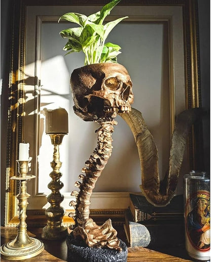 Skull Planter Gothic Skull Vase, Resin Skulls Bowl with Spine Stand Spooky Halloween Skeleton Tall Planters Centerpiece for Gothic Home Decor, Flower Pot, Candy Bowl