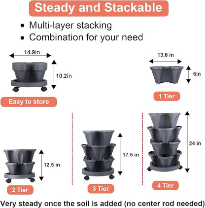 GameXcel Vertical Planter 4 Tier Stackable Planters Garden Planters Strawberry Herb Flower and Vegetable Planter Indoor Outdoor Gardening Pots with Removable Wheels and Tools