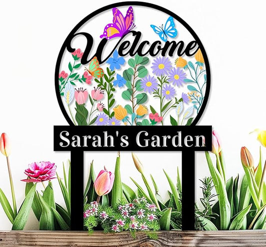 Personalized Multicolored Flowers Garden Sign with Stakes, Custom Metal Colorful Butterfly Flower Garden Stake Welcome Sign, Customized Text Outdoor Decor Yard Signs Plaque for Gardener Mom