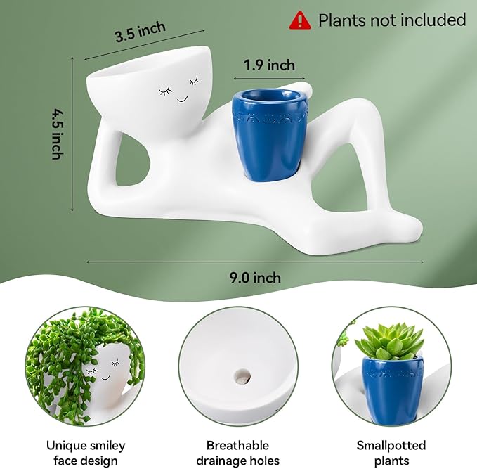 Face Planters Head, Funny Succulent Garden Pots,Cute Planters for Indoor Plants, Double Flower Pot with Drainage for Plant Lovers Gift ((Blue)