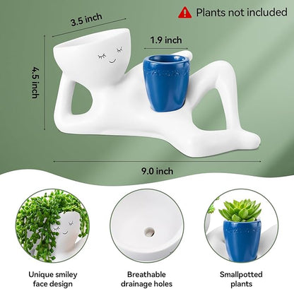 Face Planters Head, Funny Succulent Garden Pots,Cute Planters for Indoor Plants, Double Flower Pot with Drainage for Plant Lovers Gift ((Blue)