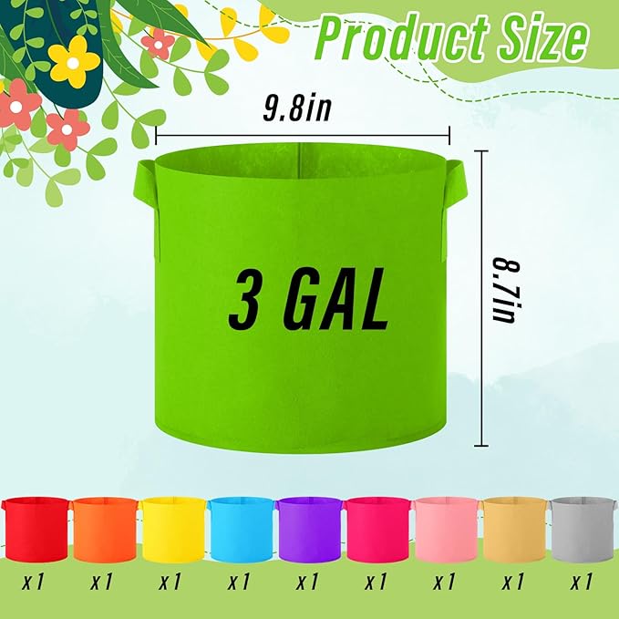 Colored Fabric Grow Bags Bulk Colorful Plant Grow Bags Nonwoven Fabric Pots with Handles Seeds Vegetables Tomato Planter Grow Buckets for Outdoor Garden Fruits Flower, 10 Colors(10 Pack,3 Gal)