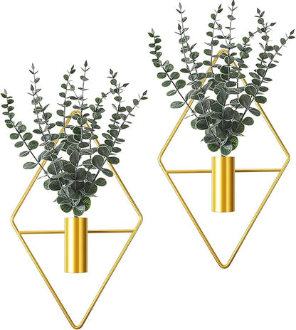 Jexine 8 Pcs Hanging Planters with Artificial Eucalyptus Metal Hanging Vase Indoor Plants Holder Modern Geometric Boho Bathroom Wall Decor for Living Room Home Office (Eucalyptus,Gold)