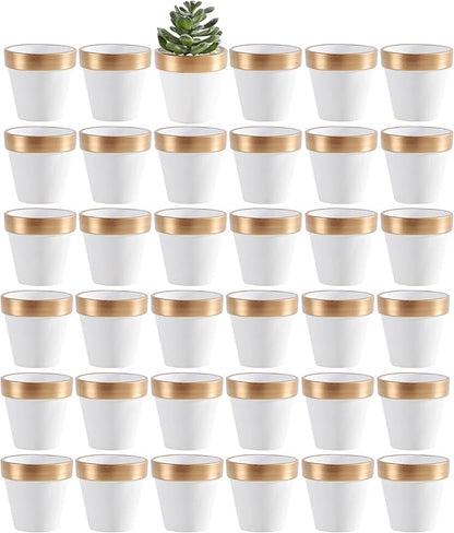 Yishang 36 pcs Small Mini White&Gold Clay Pots, 2.5'' Terracotta Pot Clay Ceramic Pottery Planter,Cactus Flower Terra Cotta Pots,Succulents Nursery Pots,with Drainage Hole, for Crafts,Wedding Favor