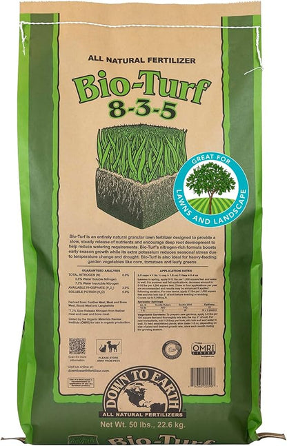 Down To Earth All Natural Fertilizers Organic Bio-Turf Lawn Food for Grass, Landscape and Ornamentals - Works with Lawn Spreaders 8-3-5, 50 Lb