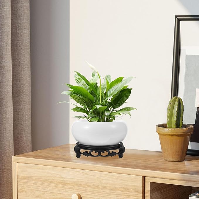 YARNOW Lotus Bowl Planter with Stand, 5.1 Inch Hydroponic Planter Bowl, Ceramic Water Lily Pot for Home Garden Office Decor