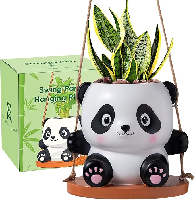 Swing Panda Hanging Planters for Indoor Plants, Cute Succulent Pots with Drainage Hole, Small Hanging Flower Pots Outdoor, Panda Gifts for Plant Lovers (Girl-Pink)