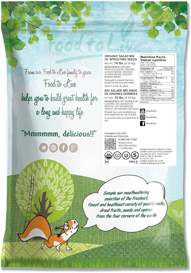 Food to Live Organic Salad Mix of Sprouting Seeds, 10 Pounds — Non-GMO Broccoli, Radish, Clover, Alfalfa. Rich Germination Rate, Non-Irradiated, Kosher, Vegan Superfood, Bulk, Rich in Sulforaphane