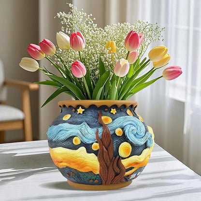 Starry Night Planter Pots/Vase Van Gogh Inspired Acolorful Art Resin Flower Pot with Drainage Hole for Indoor Plant Home Balcony Decor