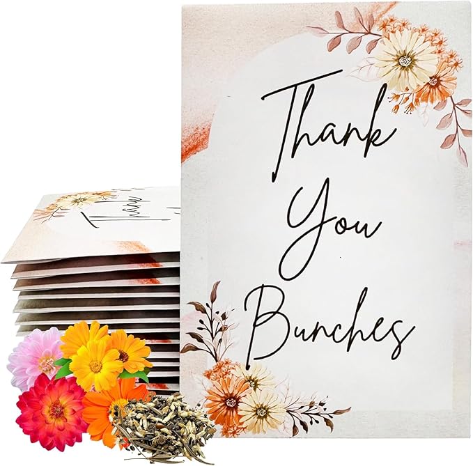 Wildflower Seed Packets Thank You Bunches Party Favors (Pack of 20) - Express Gratitude Prefilled with Wildflower Seed Mix, Great Addition or Alternative to Thank You Cards (Beige Cursive)