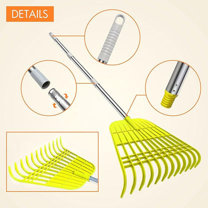 Gardzen 12 Tines Gardening Leaf Rake, Lightweight Steel Handle, Detachable, Ideal Camp Rake, Comes with Dustpan-Type Garden Bag - Yellow