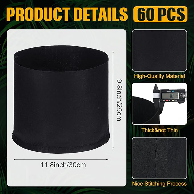 Zubebe 60 Pack Plant Grow Bags Bulk Garden Bags Aeration Grow Pots Heavy Duty Thickened Nonwoven Fabric Plant Pots Black Planting Container for Potato Tomato Vegetable Flower Fruits (5 Gallon)