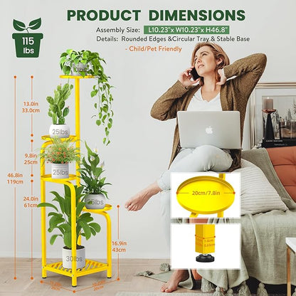 TOSKING 5 Tier Tall Plant Stand Indoor Outdoor, Heavy Duty Corner Shelf for Plants & Decor, Space Saving 3.9FT Metal Flower Pot Stand for Balcony, Garden, Living Room, Patio( Yellow, 5Tier SQ Base)