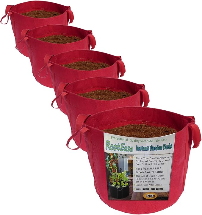 EnRoot Products LLC RootEase 5-Pack Garden Planting Fabric Pot, Heavy Duty Durable Grow Bags/Planter, Raised Bed Gardening, Eco-Friendly Grow Bags with Handles (3 Gallon, Red)