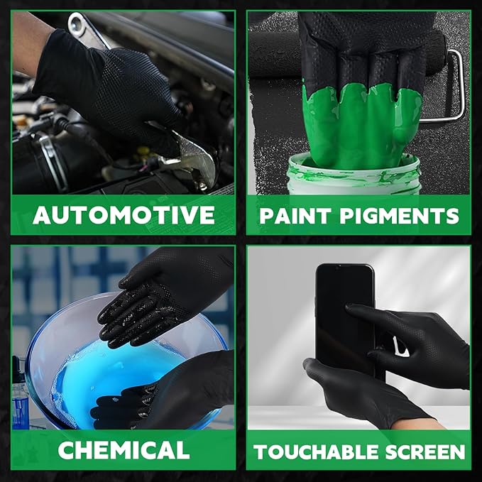 FINITEX Industrial Diamond Texture Nitrile Black Glove - 100/1000PCS Chemical Resistant 8mil Mechanic Disposable Gloves