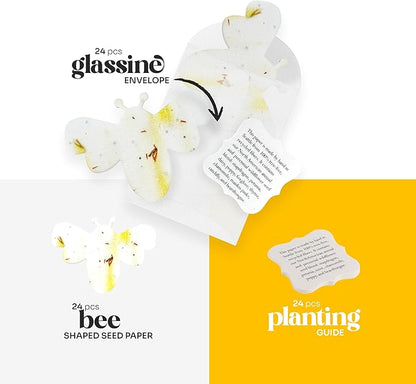 Set of 24 Yellow Bee Seed Paper – Writable & Plantable Wildflower with Envelopes & Planting Guides, Gift for Moms or Plant Lovers for Mother’s Day, Party Favors for Weddings & Showers
