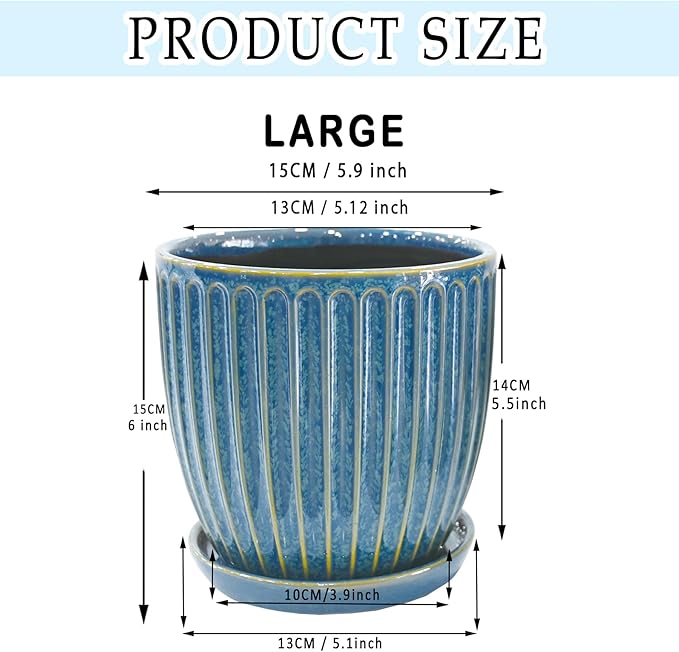 6-Inch Ceramic Plant Pots with Drainage Hole, Flower Pots Planters Pots for Indoor Plants, Flower Pots for Indoor/Outdoor Plants - Succulent, Snake Plant, Money Tree, Basil Planter, Glaze Blue