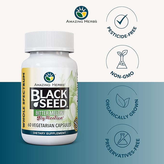 Amazing Herbs Black Seed with GlyMordica Bitter Melon - Premium Nigella Sativa and Momordica Charantia, Non-GMO & No Preservatives, Promotes Health & Wellness - 60 Count