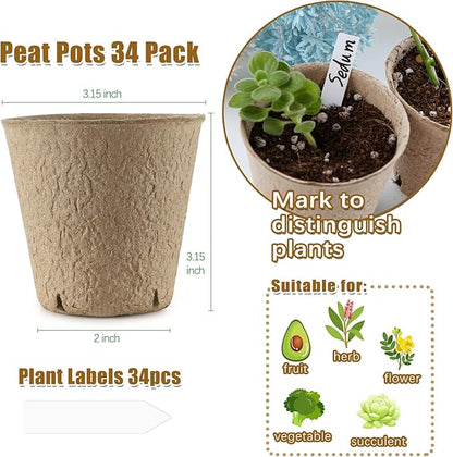 REMIAWY Peat Pots, 34 Pack 3.15 Inch Biodegradable Planting Peat Pots for Seedlings, Garden Plant Seed Starter with Drainage Holes Seed Starting for Organic Vegetable Flower, Bonus 34 Plant Labels