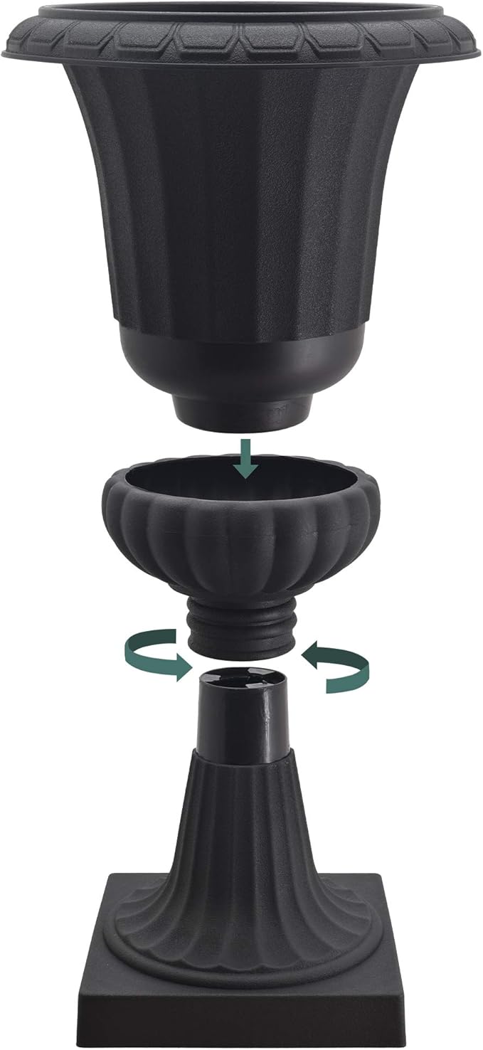 Arcadia Garden Products Plastic Garden Pedestal Urn, Set of 2 Classic Decorative Garden Pot Planter for Indoor and Outdoor Plants, 10” x 17”, Black