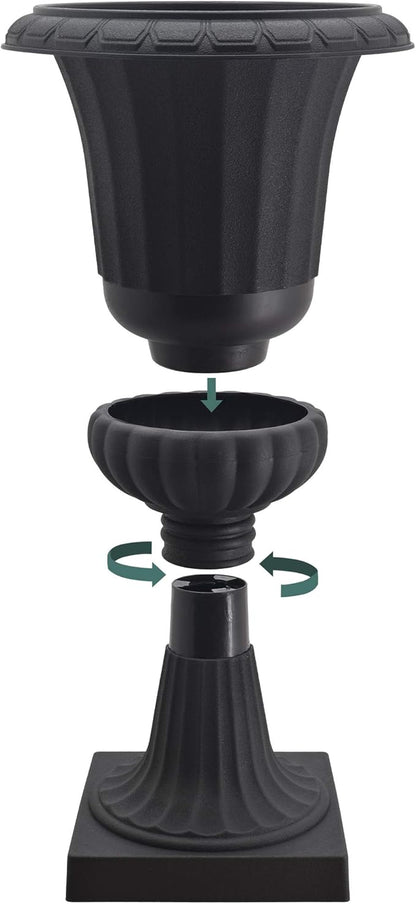 Arcadia Garden Products Plastic Garden Pedestal Urn, Set of 2 Classic Decorative Garden Pot Planter for Indoor and Outdoor Plants, 10” x 17”, Black