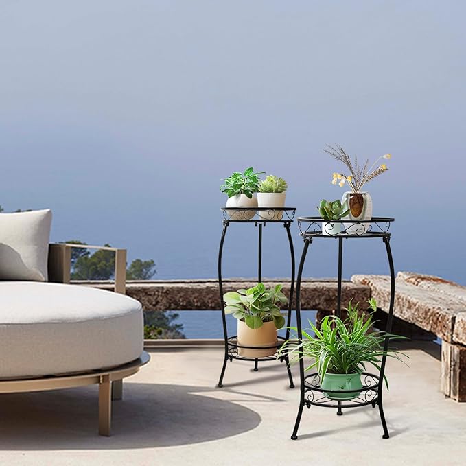 Plant Stand Indoor Outdoor 2 Tier 27" Tall Metal Potted Holder Rack Flower Pot Stand Heavy Duty Plant Shelf Rustproof Iron Multiple Plant Round Supports Rack for Planter Corner Garden