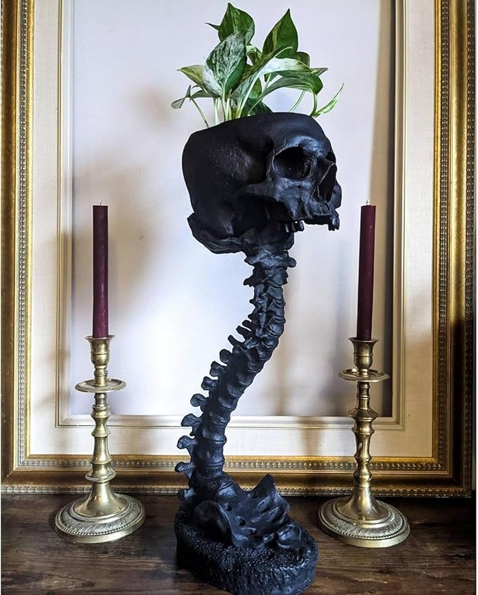 Skull Planter Gothic Skull Vase, Resin Skulls Bowl with Spine Stand Spooky Halloween Skeleton Tall Planters Centerpiece for Gothic Home Decor, Flower Pot, Candy Bowl