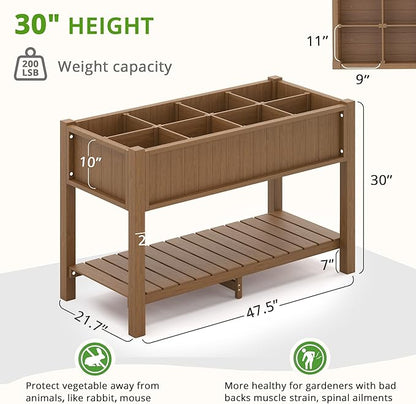 LUE BONA Elevated Planter Box with Legs and Shelf, 47 * 21 * 30in, 8 DIY Pocket HDPS Raised Garden Bed with Tools, 3-Year Warranty, No Crack, Large Outdoor Herb Raised Beds for Gardening Vegetables