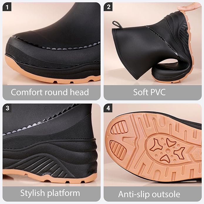 Women'S Chunky Platform Rain Ankle Boot Fashion Comfort Round Toe Waterproof Anti-Slip Thick Sole Pull On Garden Chelsea Rain Boots for Outdoor Work Booties