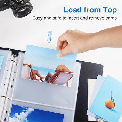 Sooez 100 Pack Heavy Duty Photos or Postcards Page Protectors, Plastic Clear Photo Holder Sleeves for 3 Ring Binder, Two 5'' x 7'' Pockets Per Page, Load from Top Perfect for Checking & Organizing