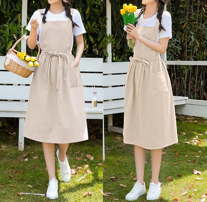 Cute Retro Cotton Linen X-Back Aprons Home Kitchen Garden Art Painting Pinafore Florist Shop Overalls