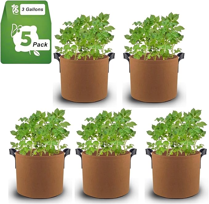 3 Gallon Breathable Fabric Grow Bags 5pcs Set Brown Reusable Planter Pots with Handles for Outdoor Gardening Vegetables Flowers Herbs Tomato Strawberry Raised Bed Plant Container Aeration