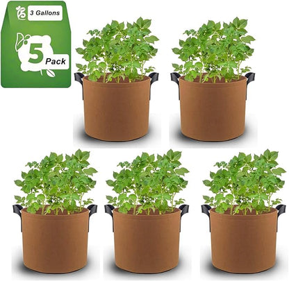 3 Gallon Breathable Fabric Grow Bags 5pcs Set Brown Reusable Planter Pots with Handles for Outdoor Gardening Vegetables Flowers Herbs Tomato Strawberry Raised Bed Plant Container Aeration