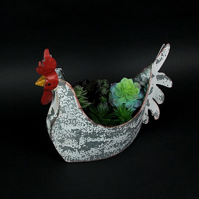 Charming Weathered White Metal Rooster Planter for Indoor and Outdoor Country Farmhouse Decor - Rustic Garden or Porch Accent Measuring 15.5 Inches Long