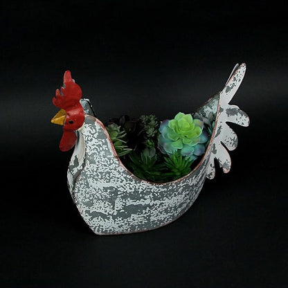 Charming Weathered White Metal Rooster Planter for Indoor and Outdoor Country Farmhouse Decor - Rustic Garden or Porch Accent Measuring 15.5 Inches Long