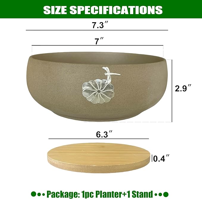 MUZHI Round Ceramic Hydroponic Bowl Lotus Planter Pot with Bamboo Tray, Classic Pottery Water Lily Bowl Planter Container Inlaid Dragonfly and Lotus Leaf Decor 7.3"
