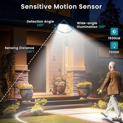 2200mAh Solar Motion Sensor Outdoor Lights with Auto Head-up, LED Solar Security Wall Flood Lights 1500LM Outdoor IP65 Waterproof 3 Modes for Outside Yard Patio, 1 Pack