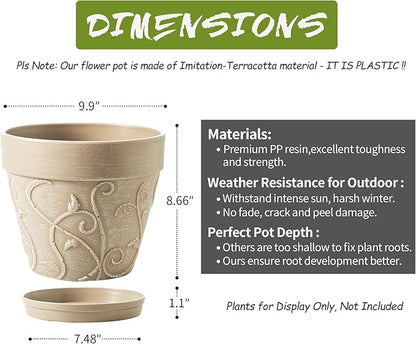 Melphoe Plant Pots Indoor with Drainage & Saucer, 2Pack 10 inch Flower Pots Outdoor Planters for Indoor Plants Garden Home Decor Cactus Succulent, Rigid Plastic (Imitation-Terracotta) Vine-Embossed