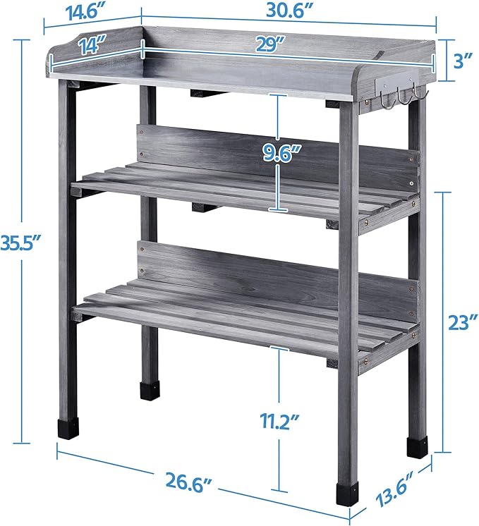 Topeakmart Fir Wood Potting Bench W/Storage Shelf W/Metal Tabletop W/Hook 3 Shelves Potting Table for Outdoor Garden Work Bench Gray