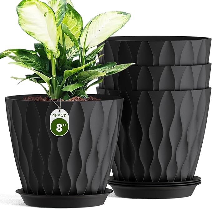 Plastic Plant 8 Inch, 4 Pack with Drainage Holes & Saucers, Water Wave Decorative Plant Pots for Indoor Outdoor Plants, Patio, Garden, Home Decor (4, Black)