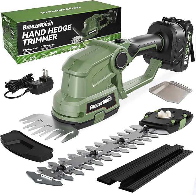Breeze Touch 21v Cordless Hedge Trimmer, Electric Bush Shear & 2 Blades Grass Tool with 1.5ah Battery and Fast Charger, Light Weight Handheld Solution for Lawn and Garden Care