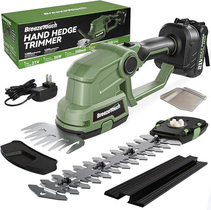Breeze Touch 21v Cordless Hedge Trimmer, Electric Bush Shear & 2 Blades Grass Tool with 1.5ah Battery and Fast Charger, Light Weight Handheld Solution for Lawn and Garden Care