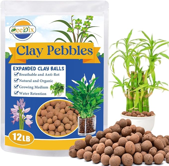 ZeeDix 12LBS Lightweight Expanded Clay Pebbles - pH-Balanced Hydroponic Growing Media for Aquaponics & Indoor Plants (Reusable Soilless Aggregate)