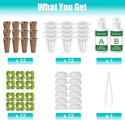 Seed Pods Kit Hydroponics Supplies with 12 Square Grow Sponges, 12 Square Grow Baskets, 12 Grow Domes, A&B Solid Nutrient Plant Food, 12 Labels and 1 Tweezer, Compatible with QYO, LYKO, iDOO IG201