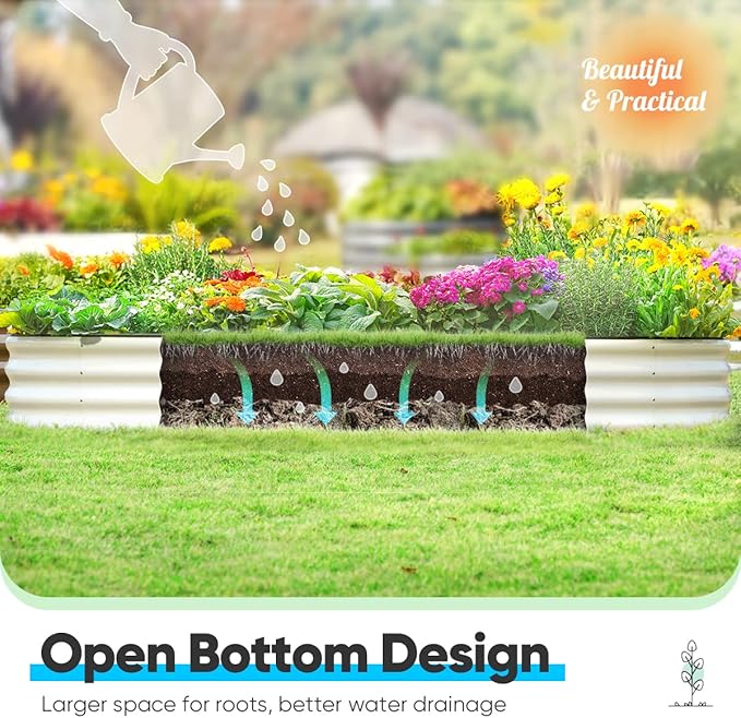 Quictent Galvanized Raised Garden Bed Kit, 8x4x1 ft Oval Metal Planter Box for Vegetables, Strengthened by Crossbar, Beige