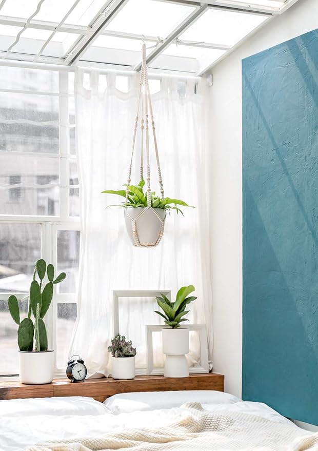 Mkono 43 Inch Macrame Plant Hanger and Ceiling Hooks, Extra Long Hanging Plant Holder No Tassels Hanging Planter Basket with Wood Beads for Indoor Outdoor Boho Home Decor, Ivory