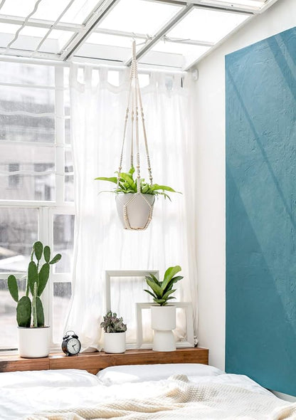 Mkono 43 Inch Macrame Plant Hanger and Ceiling Hooks, Extra Long Hanging Plant Holder No Tassels Hanging Planter Basket with Wood Beads for Indoor Outdoor Boho Home Decor, Ivory